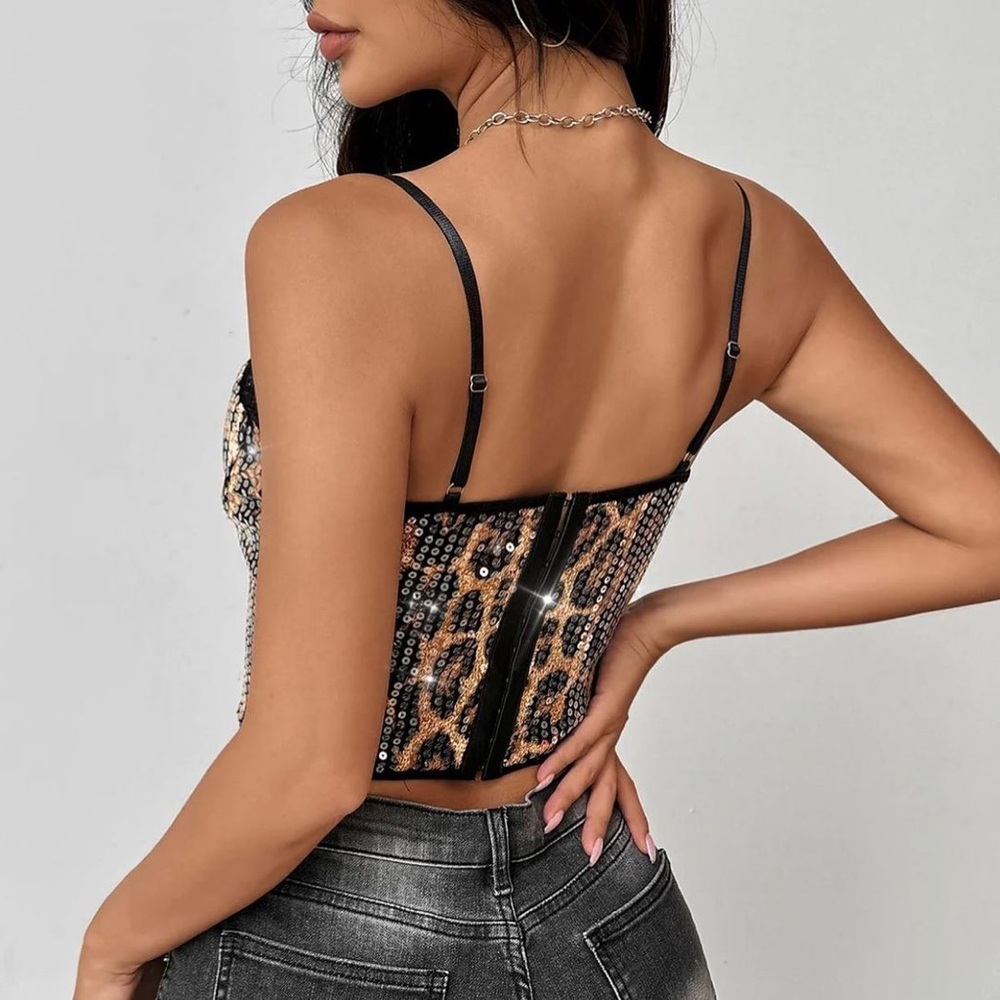 Sexy Lace Leopard Sleeveless Spaghetti Strap Sequined Corset Crop Tank Top - Picture 3 of 4